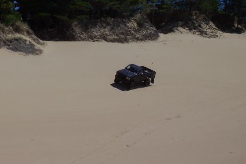 1994 Ford F-150 - A black pickup truck drives across sand dunes under a clear sky.