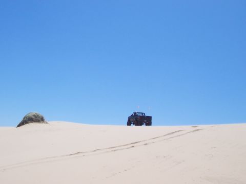 1994 Ford F-150 - A pickup truck navigates sandy terrain under a vast blue sky.