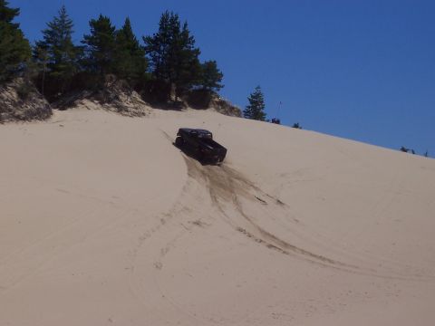1994 Ford F-150 - A black 1994 Ford F-150 navigates a steep sand dune under a clear blue sky.