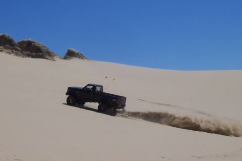 1994 Ford F-150 - A black pickup truck navigates a sandy terrain, leaving a trail of dust in its wake under a clear blue sky.