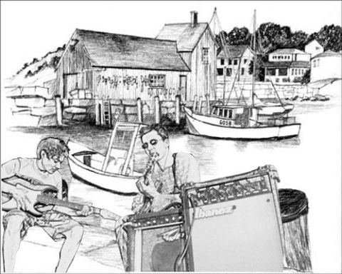 1988 Ford LTD Crown Victoria - Musicians perform by a harbor scene with boats and buildings in the background.