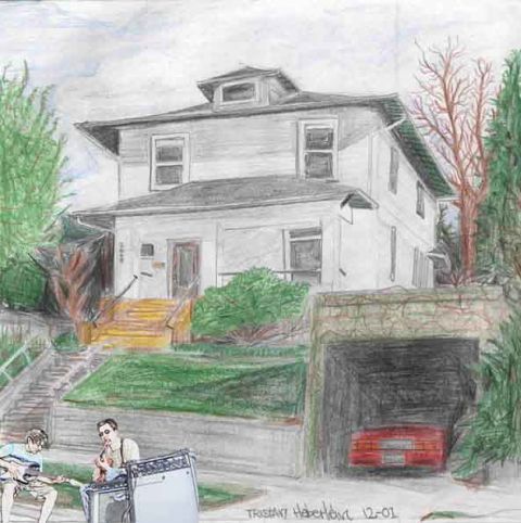 1988 Ford LTD Crown Victoria - A drawing depicts a house, garage with a red car, and two musicians with an amplifier.