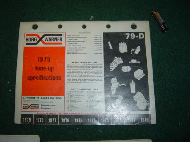 Borg Warner 1979 tune-up specifications document with diagrams of engine parts and a list of abbreviations
