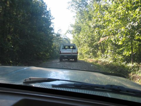 1995 Ford Bronco - Following another vehicle down a wooded dirt road on a sunny day.
