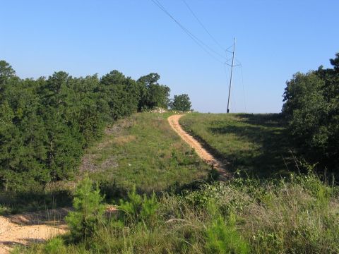1995 Ford Bronco - A dirt path ascends a hill under a clear blue sky, with tall power line towers visible.