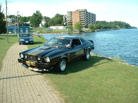 1978 Ford Mustang II - A black 1978 Ford Mustang II coupe with distinctive gold stripes is parked on a grassy area next to a body of water, with another car visib…