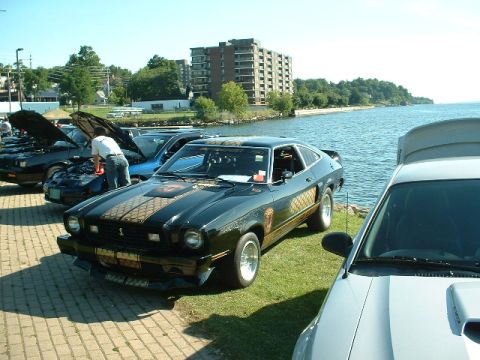 1978 Ford Mustang II - A line of cars are parked near the water, with one black Mustang II in the foreground.