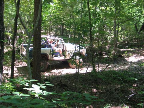 1995 Ford Bronco - White SUV with open top and people inside driving on a dirt path in a forest.