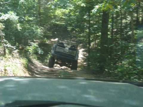 1995 Ford Bronco - An off-road vehicle navigates a dirt path through a dense forest.