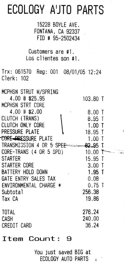 1991 Ford Taurus - This receipt from Ecology Auto Parts details the purchase of various automotive components, including struts, clutches, and a transmission.