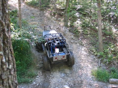 1995 Ford Bronco - This off-road vehicle navigates a steep, rocky incline surrounded by dense forest foliage.