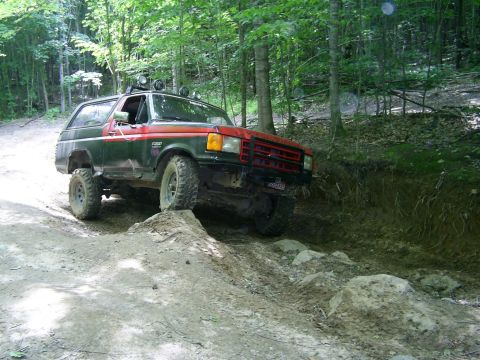 1977 Ford F-150 - This Ford Bronco is navigating a challenging off-road course through a dense forest.