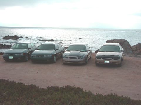 1995 Ford Taurus - Four 1995 Ford Taurus sedans are lined up on a sandy beach overlooking the ocean.