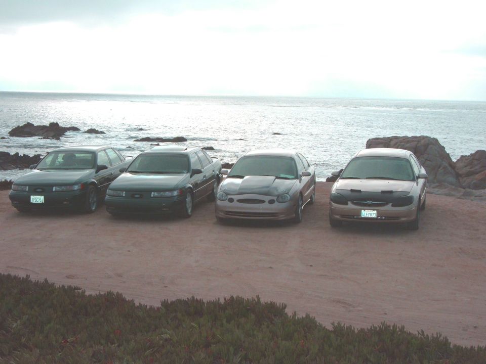 Four 1995 Ford Taurus sedans parked on a beach with the ocean in the background
