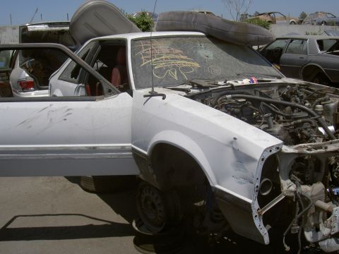 1982 Ford Mustang - Junkyard scene with a damaged 1982 Ford Mustang, showing its interior and engine bay.