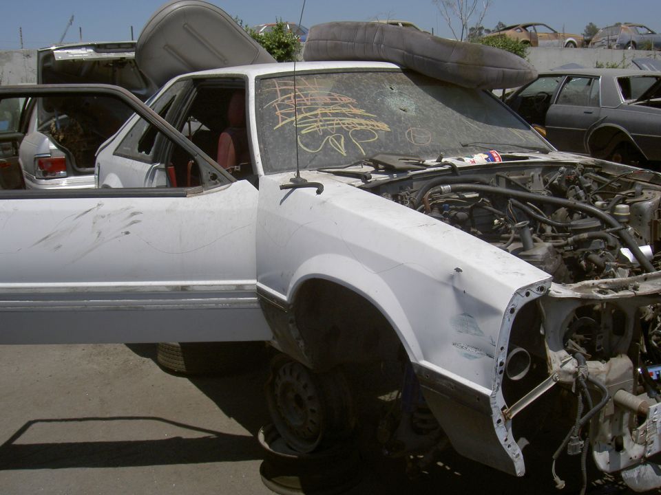 White 1982 Ford Mustang with doors open and engine exposed, sitting in a junkyard