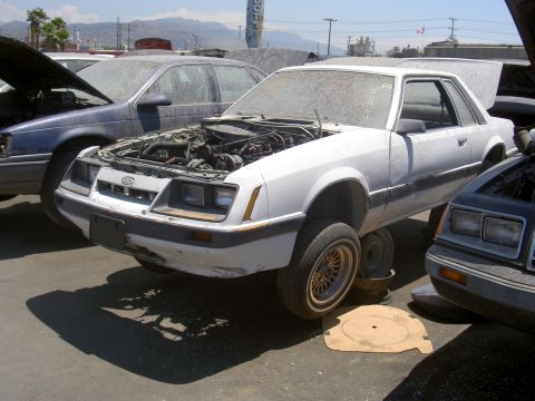 1982 Ford Mustang - A white 1982 Ford Mustang coupe sits in a junkyard with its hood open and missing a front wheel.
