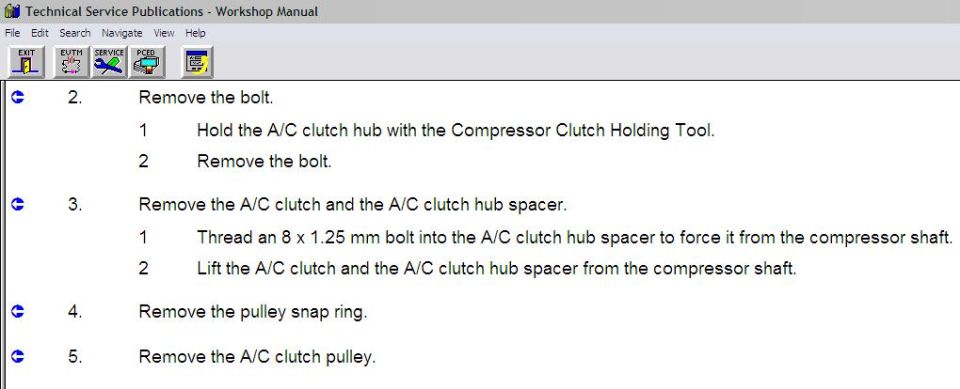 Workshop manual steps for removing the A/C clutch, hub spacer, snap ring and pulley
