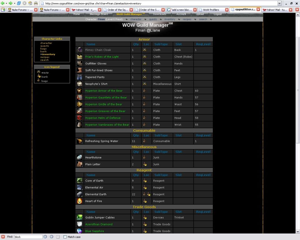 Screenshot of a World of Warcraft guild manager inventory web page