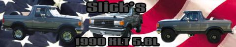 1996 Ford Bronco - Three Ford Broncos are displayed against an American flag backdrop, with text indicating "Slick's 1990 HLT 5.0L".