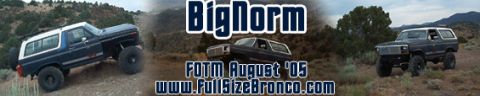 1996 Ford Bronco - Multiple Ford Broncos navigate an off-road trail under a cloudy sky. Text indicates an event and website.