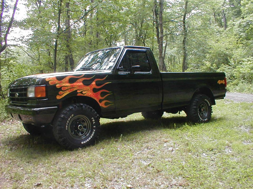 Black Ford F-150 4x4 pickup with flame graphics and Thornbird tires parked in the woods, side view