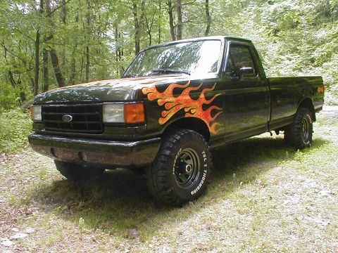 1991 Ford F-150 - A black 1991 Ford F-150 pickup truck with flame decals is parked in a wooded area.