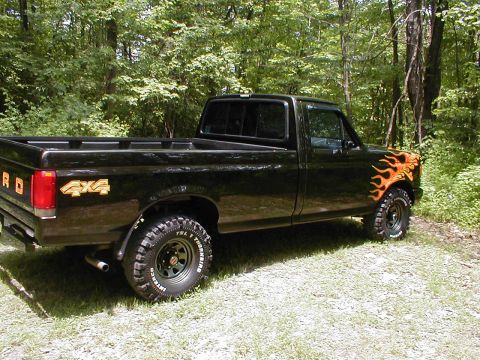 1991 Ford F-150 - A black 1991 Ford F-150 pickup truck is parked on a grassy area surrounded by trees.
