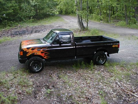 1991 Ford F-150 - Black 1991 Ford F-150 pickup truck with custom flame graphics parked on a dirt road.
