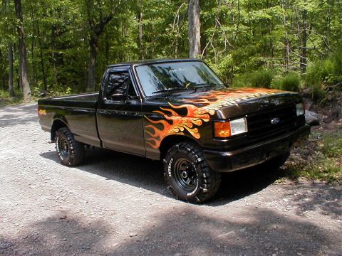 1991 Ford F-150 - This 1991 Ford F-150 pickup truck features custom flame decals on the hood and fenders, parked in a wooded area.