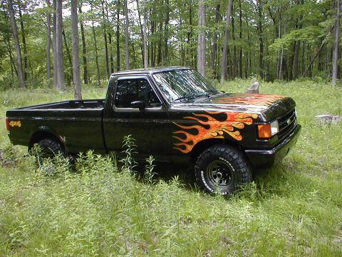 1991 Ford F-150 - This 1991 Ford F-150 pickup truck features custom flame decals and is parked in a natural, wooded setting.