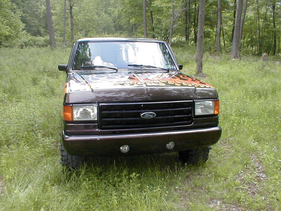 Brown 1991 Ford F-150 front view with flame decals