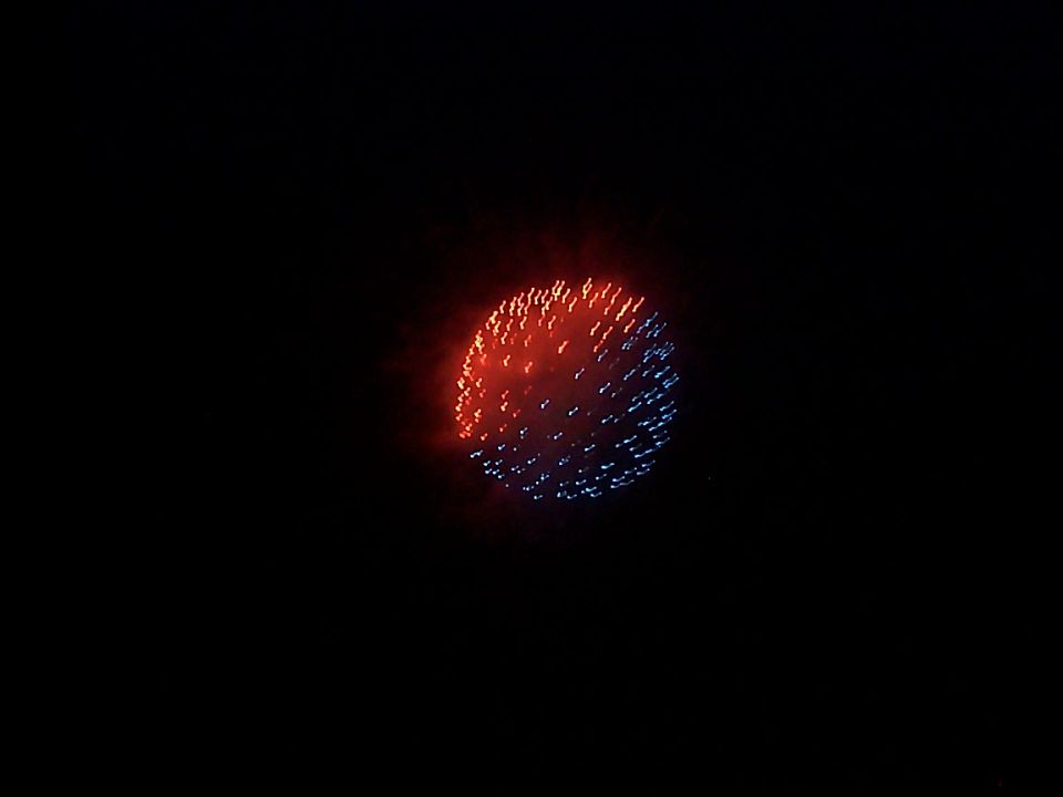 Red and blue fireworks explode in a dark sky