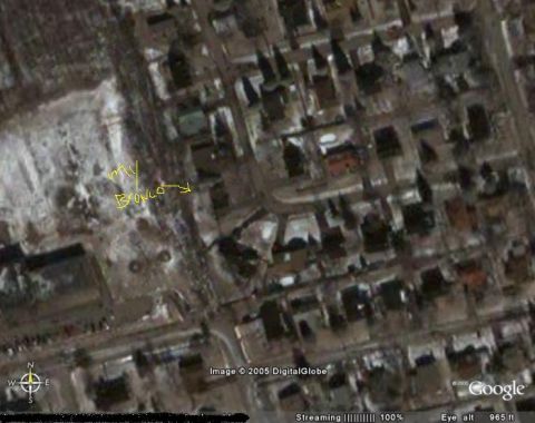 1986 Ford Bronco - An aerial satellite image shows a residential area with a handwritten label indicating the location of a vehicle.