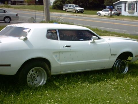 1978 Ford Mustang II - A white coupe with custom wheels and star decals sits on grass, with other vehicles visible on a road in the background.