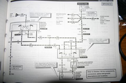 1994 Ford Bronco - 1994 Ford Bronco wiring diagram for the tailgate power window: bi-directional motor, master and tailgate window switches, tailgate latch sa…