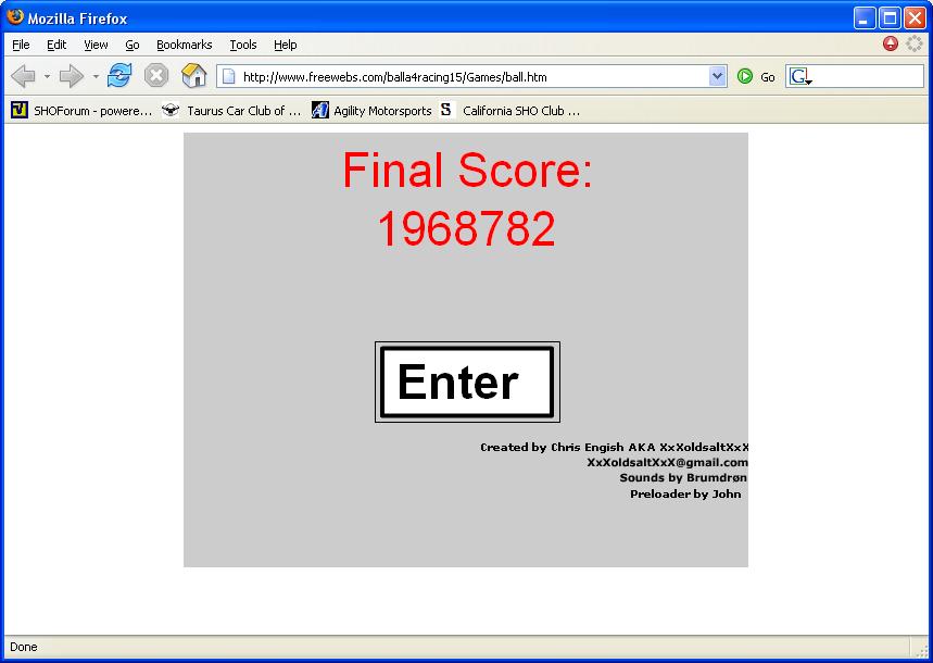 Computer screen showing game score 1968782 and an Enter button