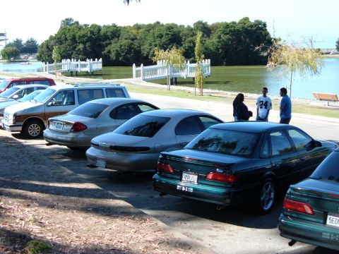 1995 Ford Taurus - Several cars are parked in a lot near a body of water with people standing in the background.