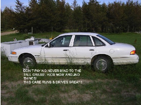 1998 Ford Crown Victoria - A white 1998 Ford Crown Victoria is parked in a grassy field with trees in the background.