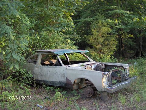 1978 Ford Bronco - This abandoned vehicle sits in a wooded area, showing signs of decay and missing parts.