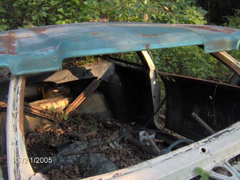 1978 Ford Bronco - The interior of a derelict vehicle, filled with leaves and debris, is seen from the side with the doors open.