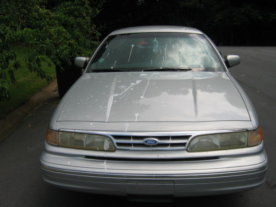 Silver Ford Crown Victoria with white splatters on hood and windshield