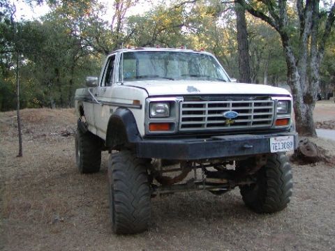 1995 Ford Bronco - This lifted Ford pickup truck features oversized tires and a modified suspension system, parked in a wooded area.