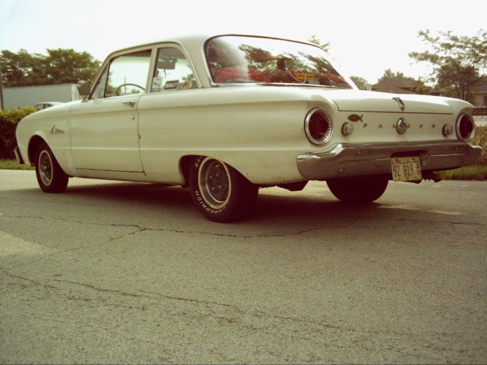 1962 Ford Falcon, rear 3/4 view, white paint, custom wheels