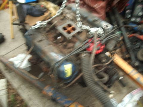 1978 Ford Bronco - Engine assembly with various components visible, including a red distributor and a blue oil filter.