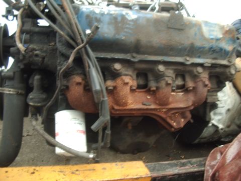 1978 Ford Bronco - Engine with blue valve covers, rusty exhaust manifolds, and an oil filter is shown.