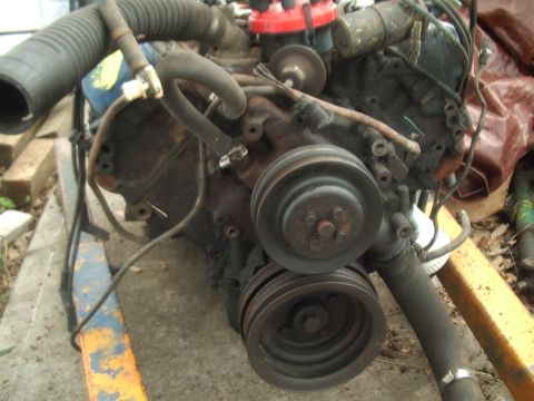 1978 Ford Bronco - Engine assembly with pulleys and distributor cap visible, mounted on an engine stand.