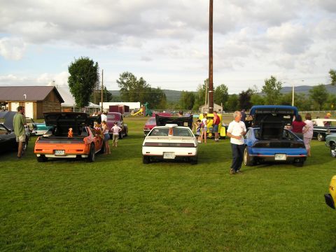 1984 Pontiac Fiero - Several Pontiac Fieros are displayed on a grassy field with people gathered around them.