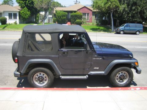 1990 Ford Bronco - Side view of a dark blue Jeep Wrangler soft-top parked curbside, a person visible in the driver seat, houses across the street.