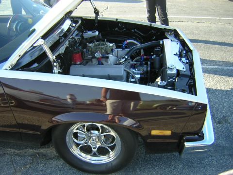 1998 Ford Crown Victoria - Front quarter of a dark metallic purple car with hood open showing a carbureted V8, paired with a chrome five-spoke wheel and drag tire.